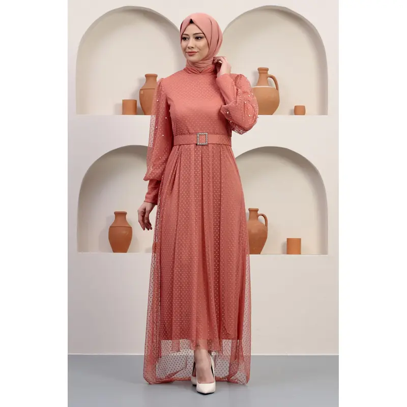 Tulle Evening Dress With Stoned Belt, Salmon 12242