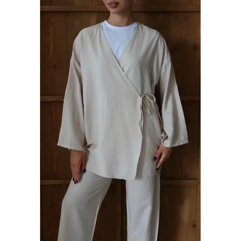 25041 Crinkle Textured Kimono Suit Mink