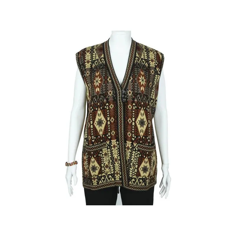 Kilim Patterned Three Button Red Color Women's Knitwear Vest