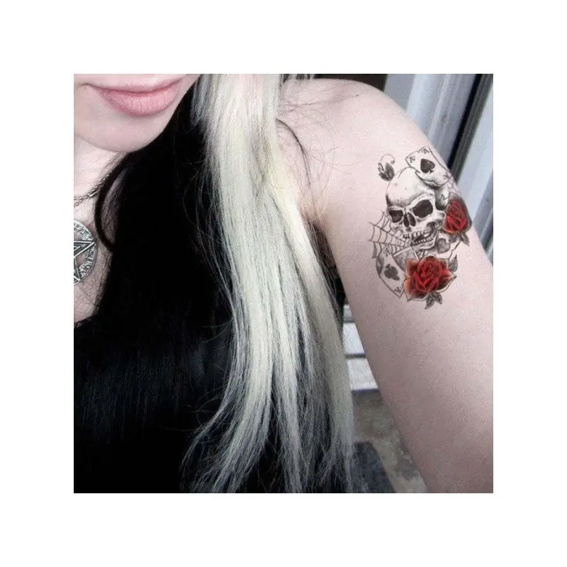Skull Rose Temporary Tattoo, Temporary Tattoo 15.5X16Cm, Body Tattoo, Arm Wrist Tattoo, Neck Tattoo, Back Tattoo