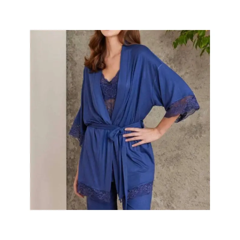 Pierre Cardin Lace Combed Cotton Pajama Set with Dressing Gown Navy Blue