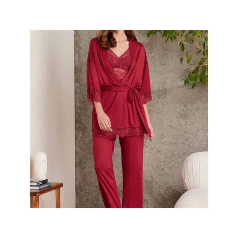 Pierre Cardin Lace Combed Cotton Pajama Set with Robe Claret Red