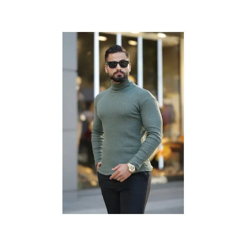 Men's Khaki Turtleneck Knitwear Sweater