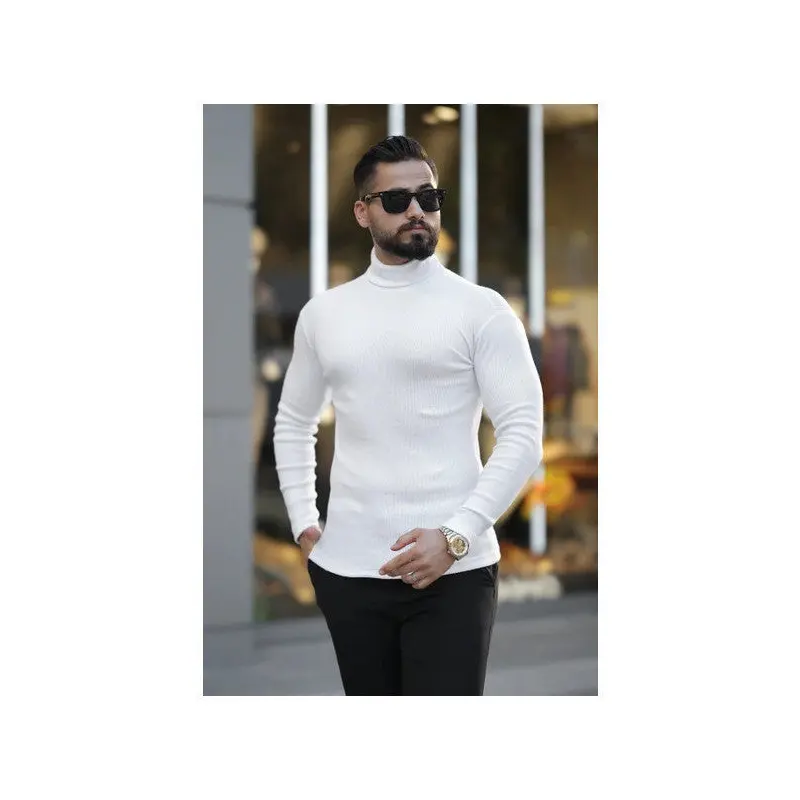 Men's White Turtleneck Knitwear Sweater