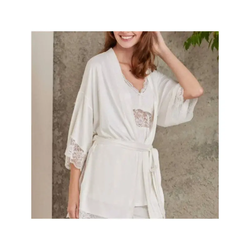 Pierre Cardin Lace Combed Cotton Pajama Set with Dressing Gown Ecru