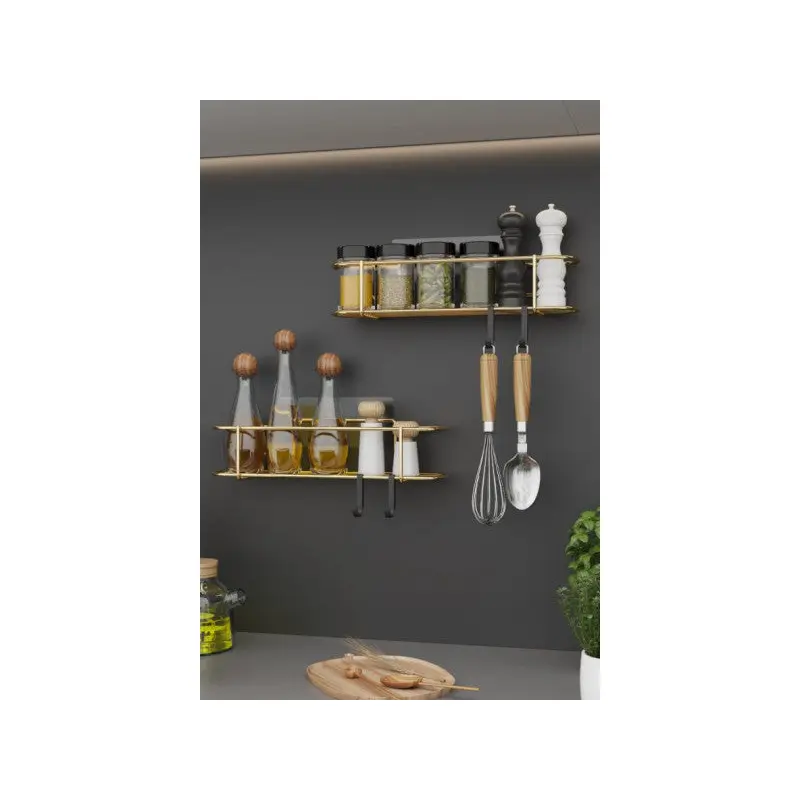 Bino Spice Rack 2 Pcs Set Gold Metal Kitchen Shelf Bathroom Shelf Sticky Hook Salt Holder Hanger