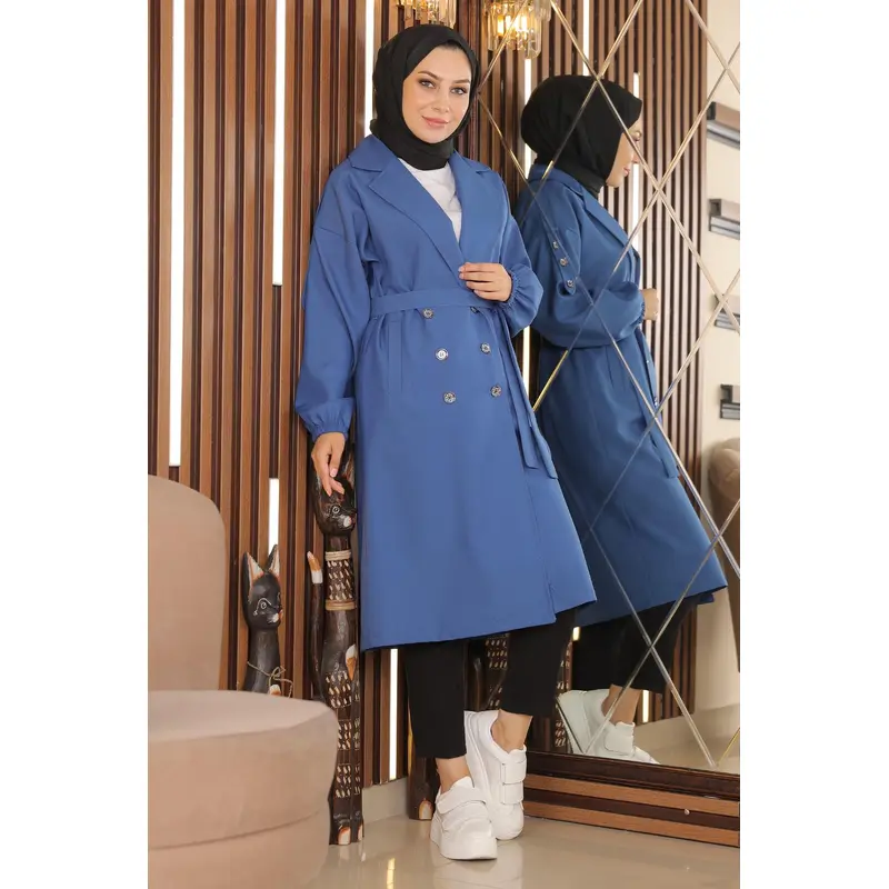 Button Detailed Trench Coat Indigo Msw19147-1
