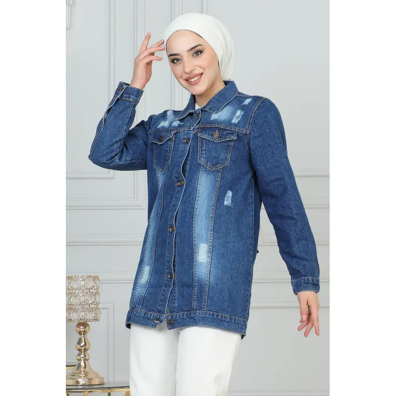 Buttoned Denim Jacket Dark Blue Msw6096-1