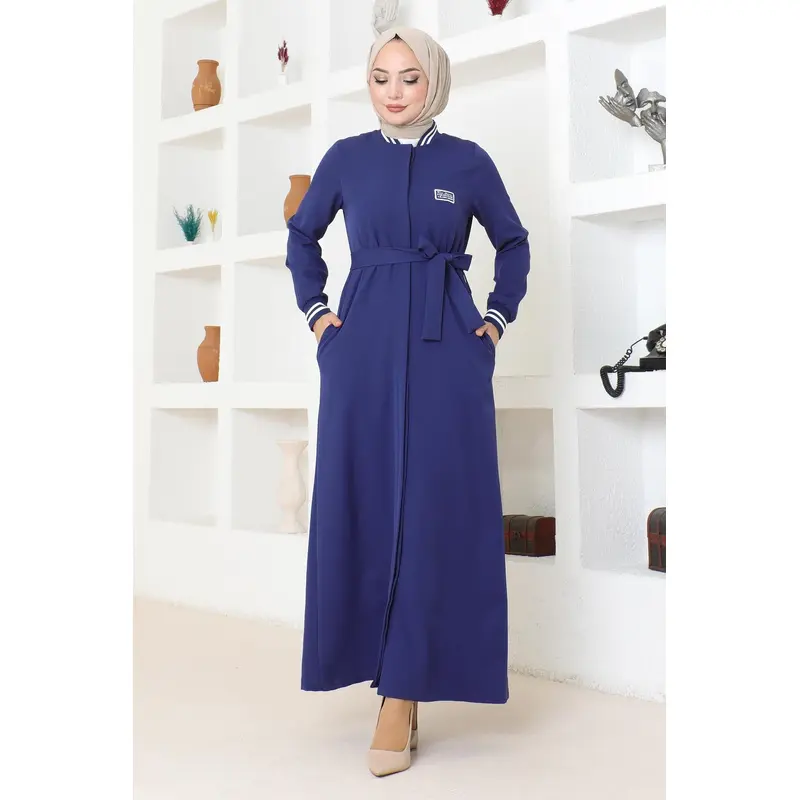 Hidden Buttoned Ribbed Abaya Indigo Msw19214-2