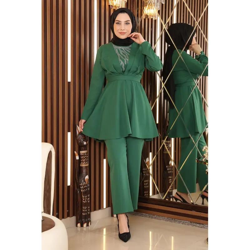 Stone Detailed Belted Set Emerald Msw19122-5