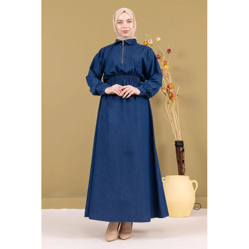 Zippered Elastic Waist Denim Dress Dark Blue Msw19240-2