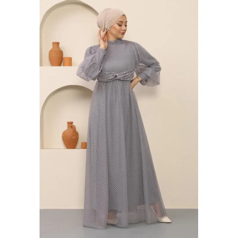 Pearl Detailed Tulle Evening Dress Gray Msw12238-5