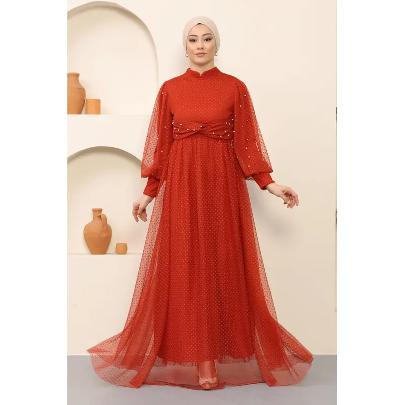 Pearl Detailed Tulle Evening Dress Tile Msw12238-4