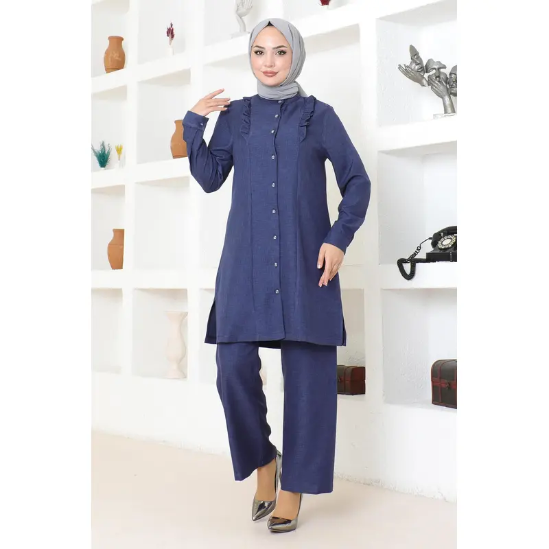 Ruffle Detailed Suit Indigo Msw19224-2
