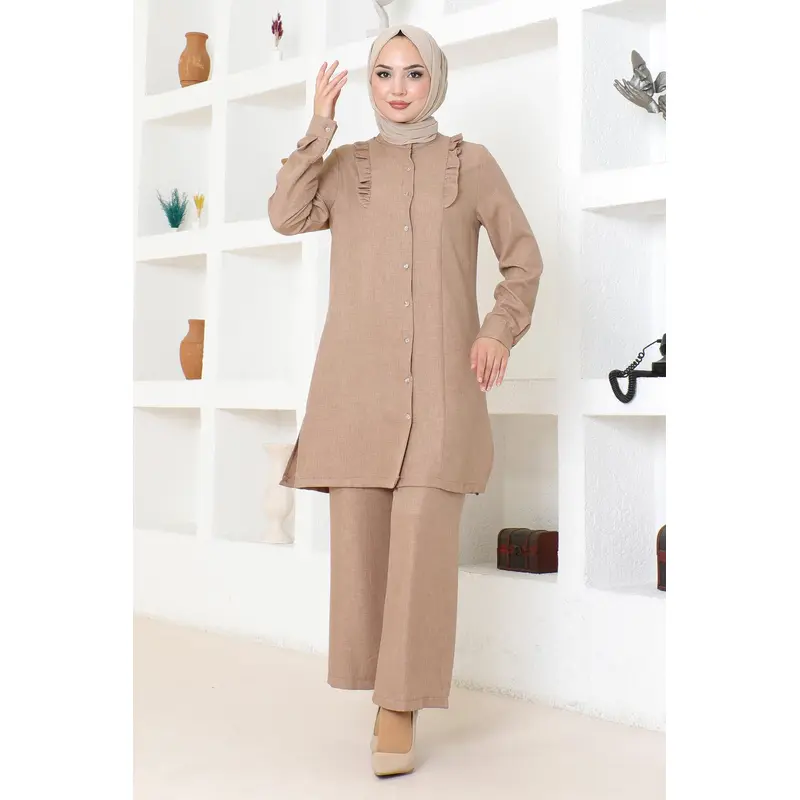 Ruffle Detailed Suit Tan Msw19224-4
