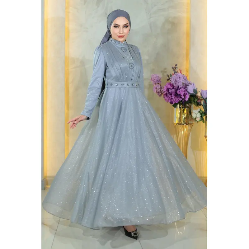 Stone Detailed, Draped Chest, Glittery Evening Dress, Silver Msw19188-4