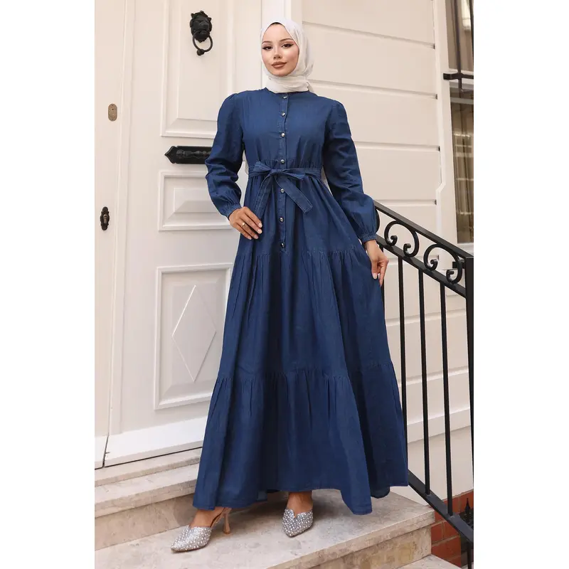 Buttoned Layered Denim Dress Dark Blue 19263