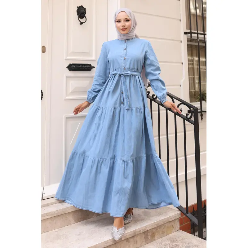 Buttoned Layered Denim Dress Light Blue 19263
