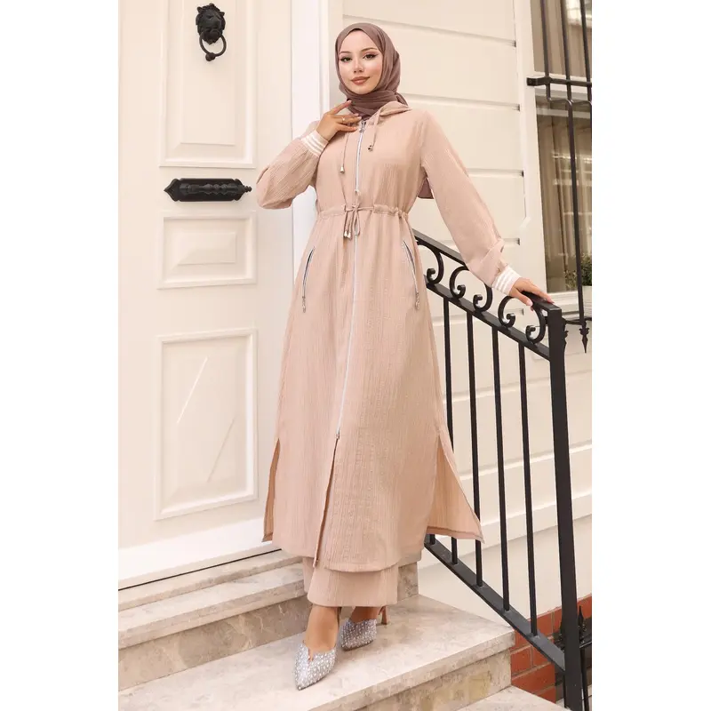 Tied Waist Hooded Suit Beige 19236