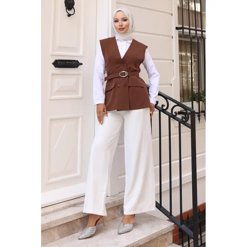 V-Neck Vest Suit Brown 19254