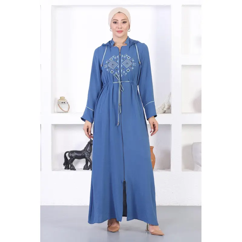 Embroidered Hooded Abaya Blue 12210
