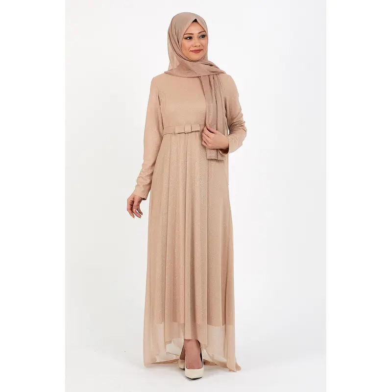 Glittery Pleated Evening Dress Mink 12240