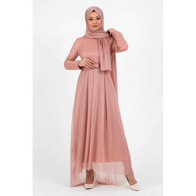 Glittery Pleated Evening Dress Powder 12240