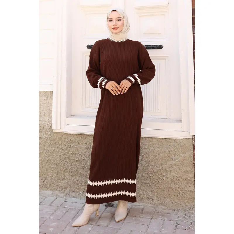 Patterned Knit Dress Brown 6149