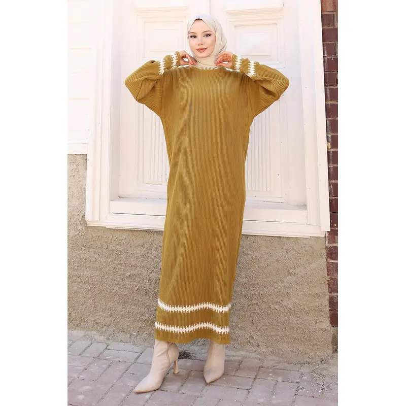 Patterned Knit Dress Khaki 6149