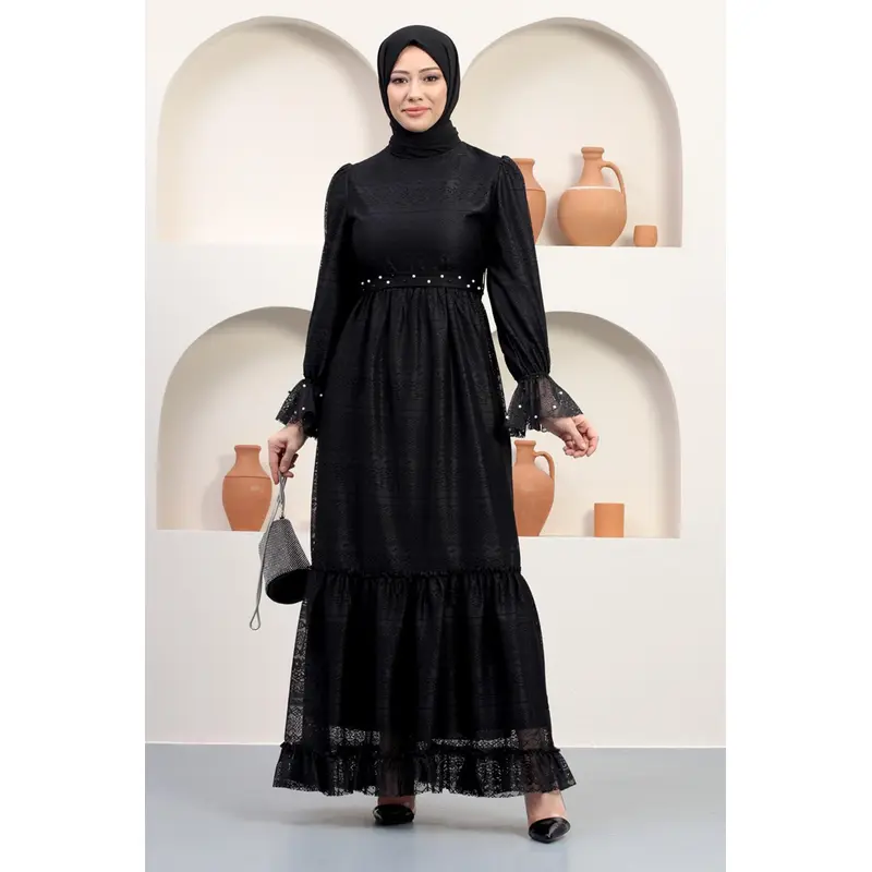 Pearl Detailed Lace Evening Dress Black 12239