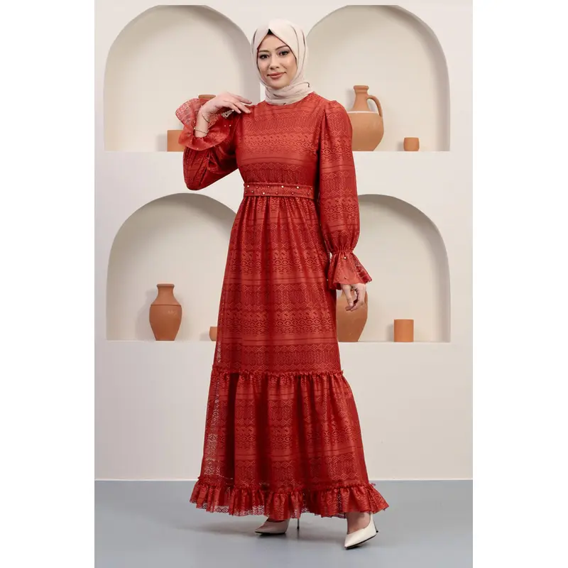 Pearl Detailed Lace Evening Dress Tile 12239