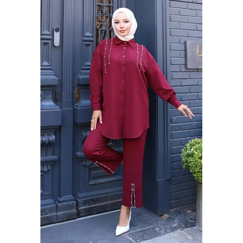 Pearl Detailed Suit Claret Red 19259