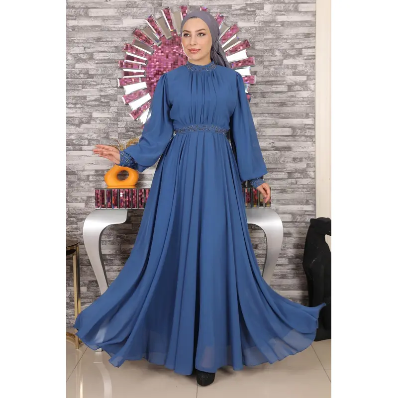 Stone Detailed Chiffon Evening Dress Indigo 19109