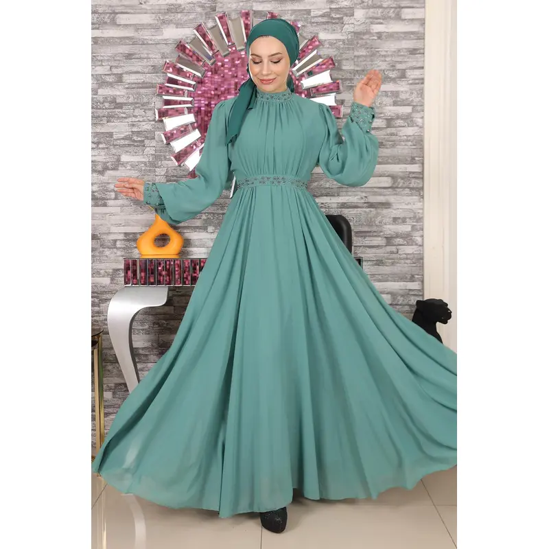 Stone Detailed Chiffon Evening Dress Mint 19109