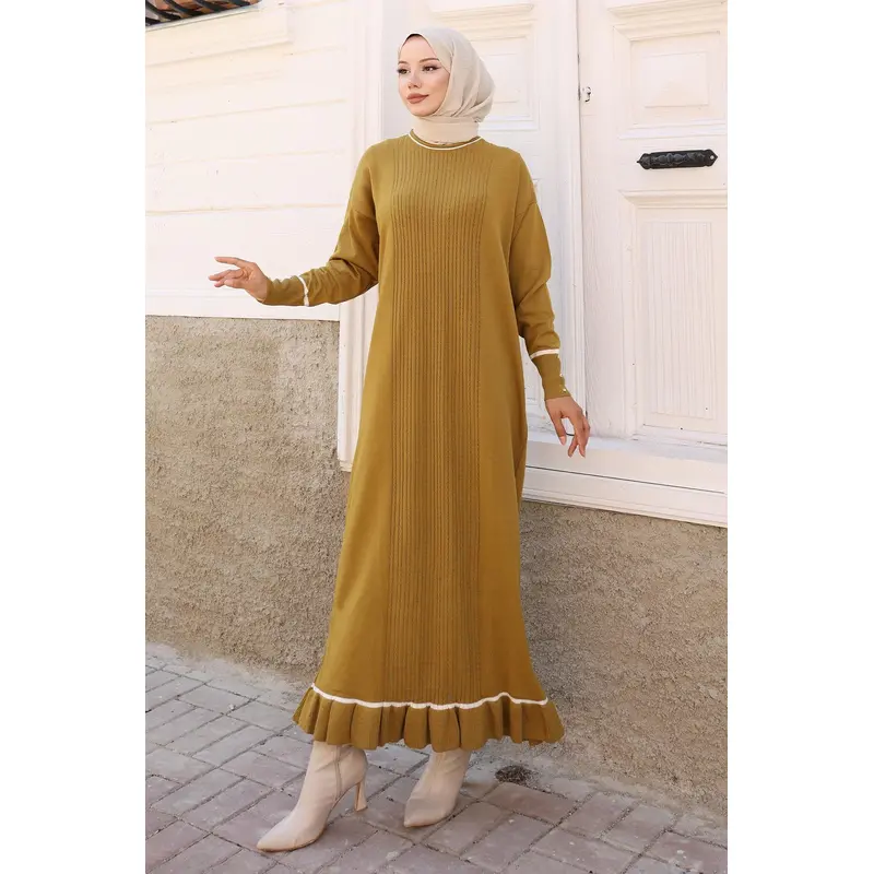 Stone Detailed Cuff Knit Dress Khaki 6150