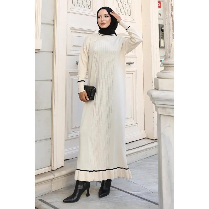 Stone Detailed Cuff Knit Dress White 6150