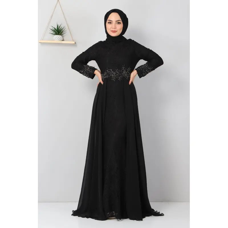 Stone Detailed Fishtail Evening Dress Black 8855