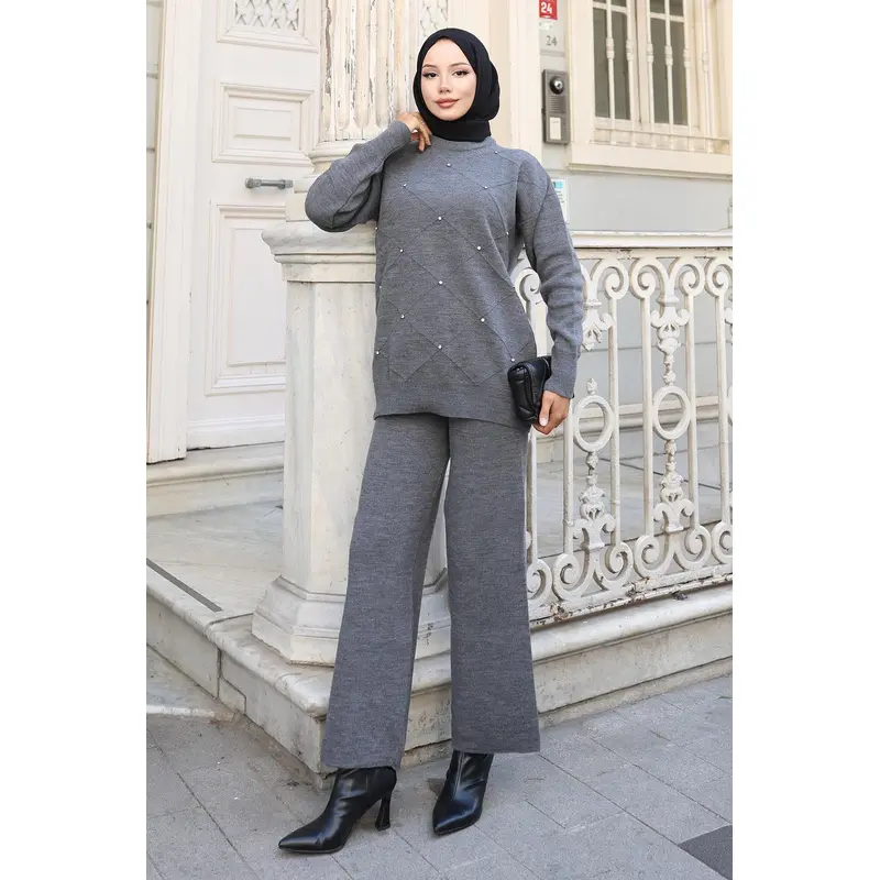 Stone Detailed Knitwear Suit Gray 6148