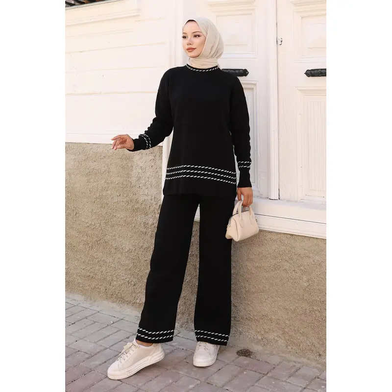 Stripe Detailed Knitwear Suit Black 6151