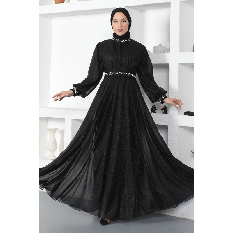 Pearl Detailed Glittery Evening Dress Black 19004