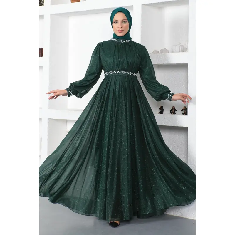 Pearl Detailed Glittery Evening Dress Emerald 19004