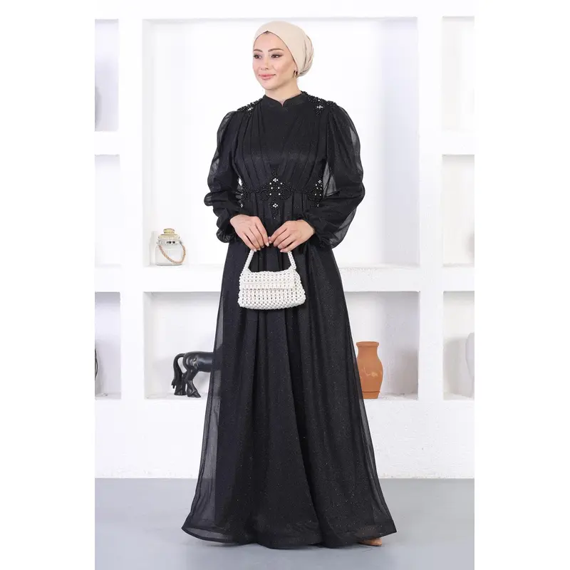 Pearl Lace Glitter Evening Dress Black 12252