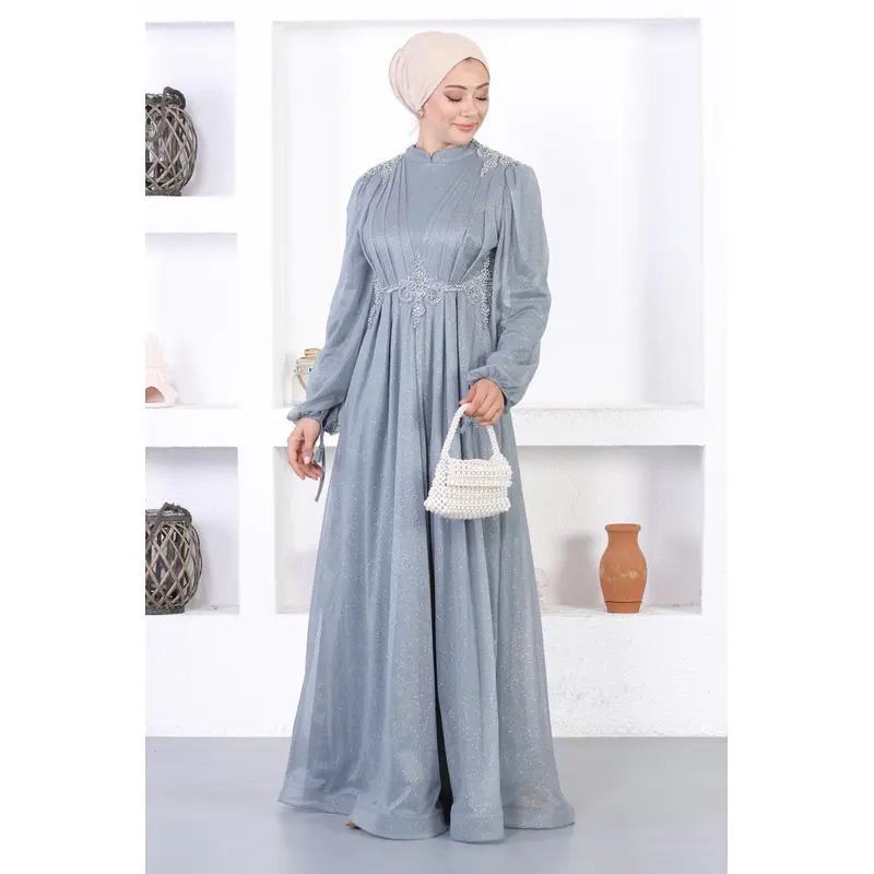Pearl Lace Glittery Evening Dress Gray 12252