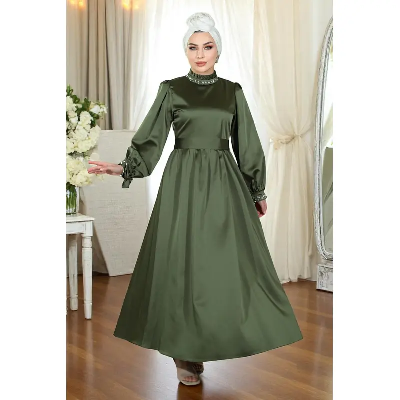 Pearl Satin Evening Dress Khaki 19121