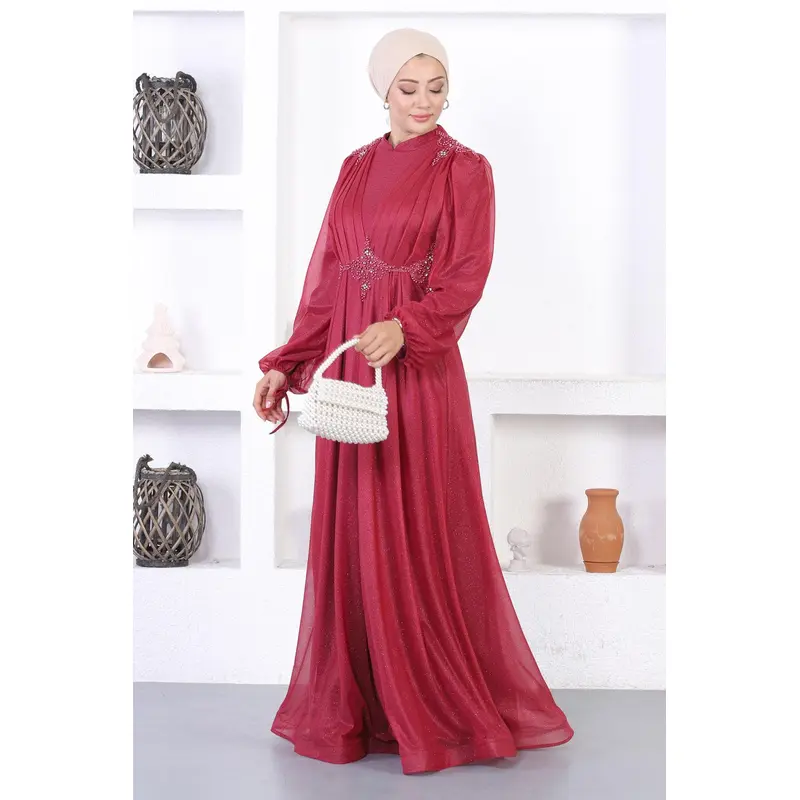 Pearly Lace Glitter Evening Dress Burgundy 12252