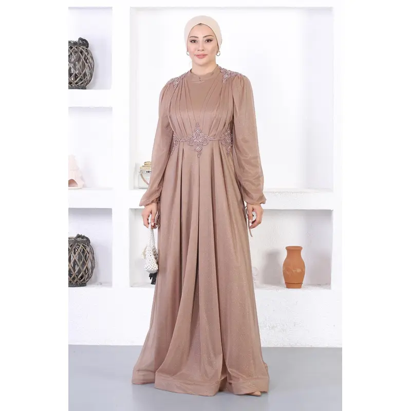 Pearly Lace Glittery Evening Dress Mink 12252