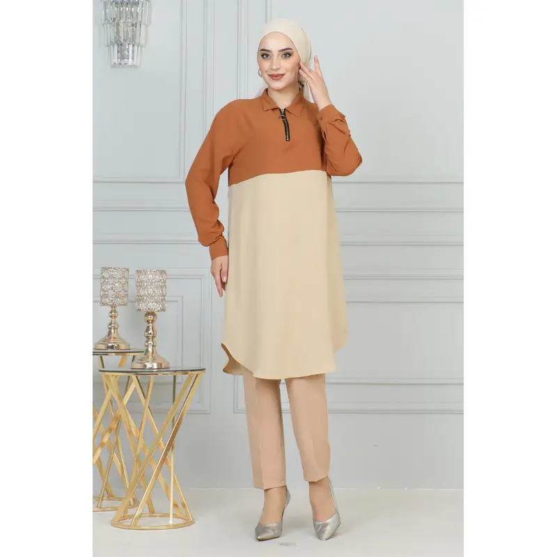 Zipper Detailed Tunic Cream 6098