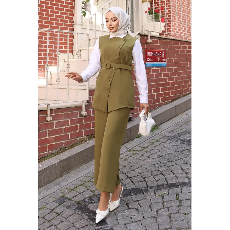 Belted Vest And Trouser Suit Khaki 19250