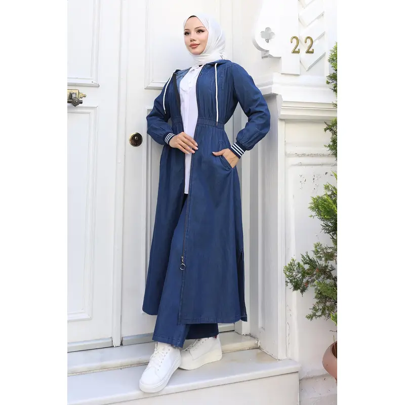 Elastic Waist Hooded Denim Suit Dark Blue Msw19370-2