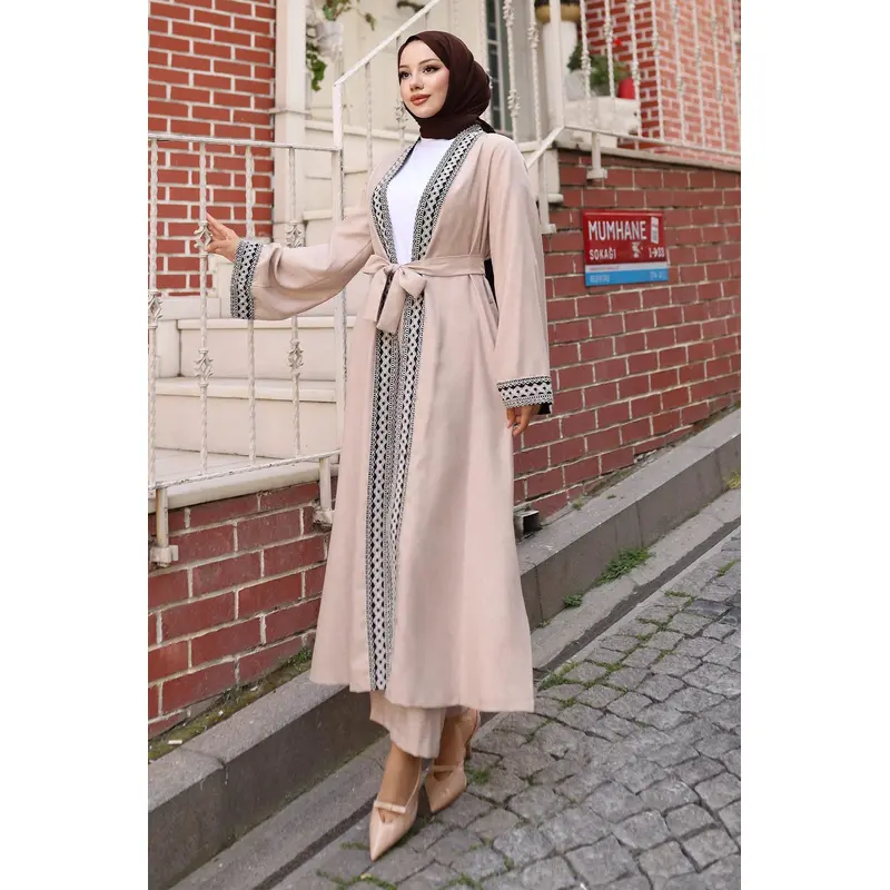 Ethnic Patterned Kimono Suit Beige Msw19251-5